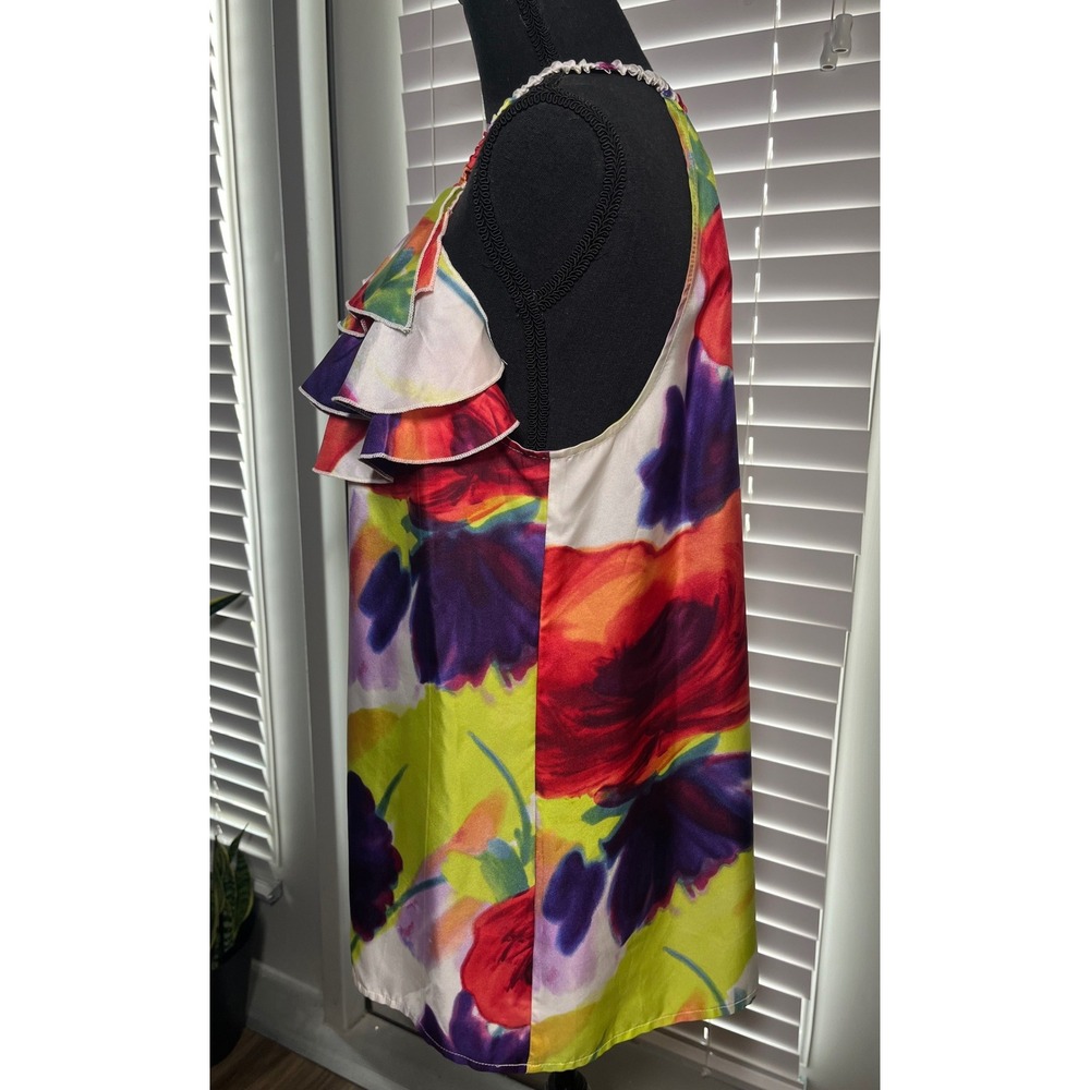Karen Kane Silk Multicolor Floral Ruffle Tank Blouse L Boho Resort Statement - Picture 9 of 10